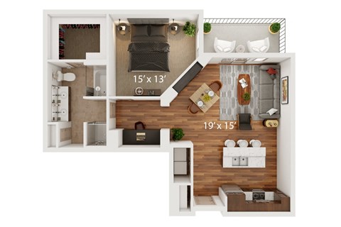 Floor plan for 1 bed, 1 bath, 1034 sqft